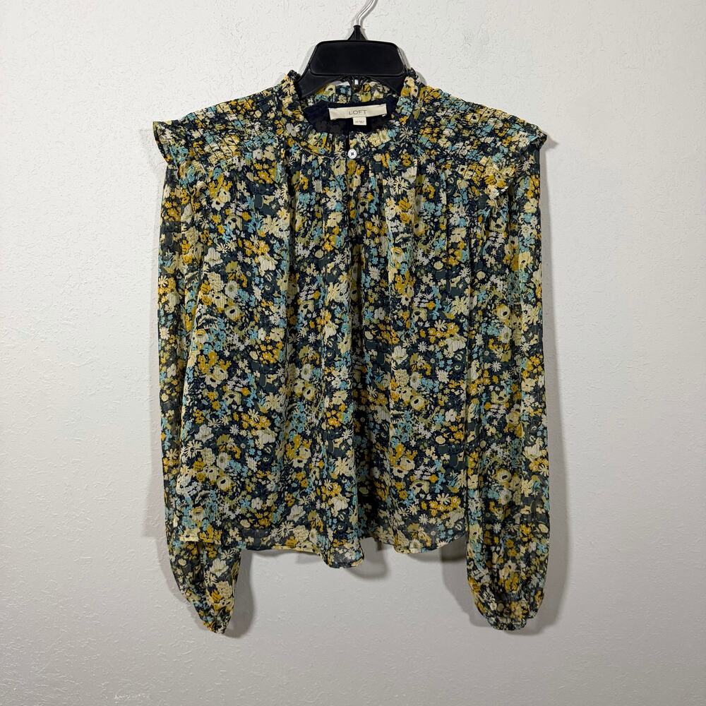 Loft Blue Yellow Floral Smocked High Neck Ruffled Long Sleeve Blouse Womens XS